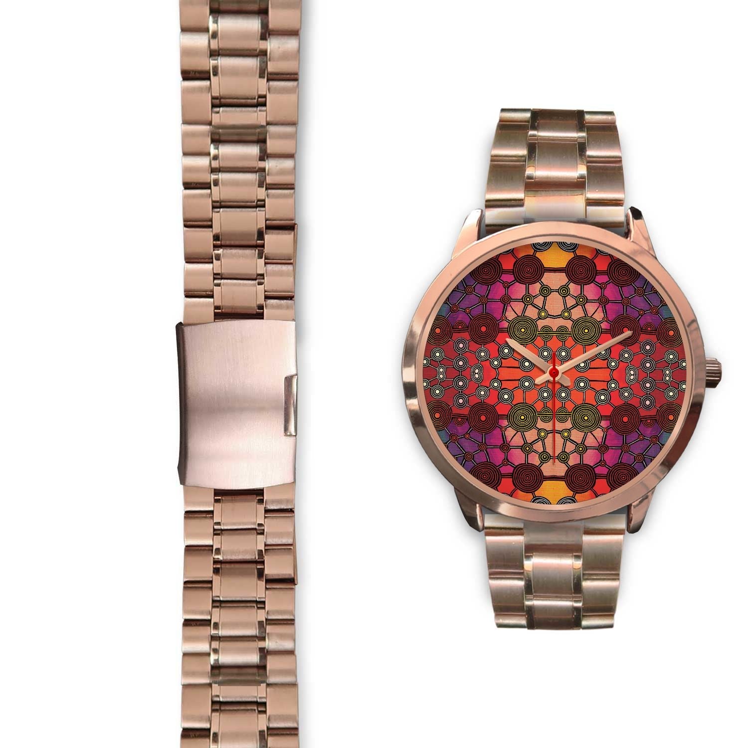 aboriginal-watch-circle-dot-painting-mandala-rose-gold-watch