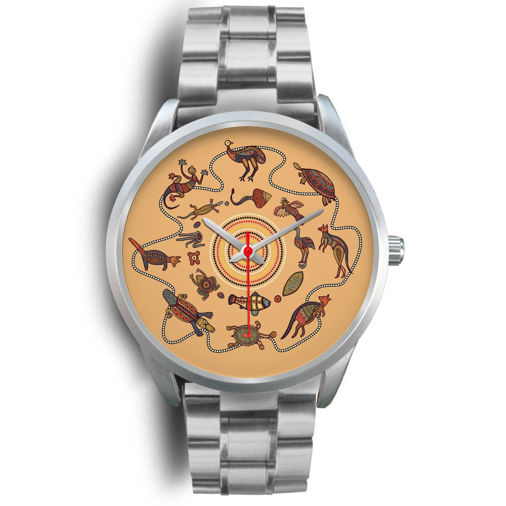 aboriginal-watch-kangaroo-patterns-circle-australian-animals-silver-watch