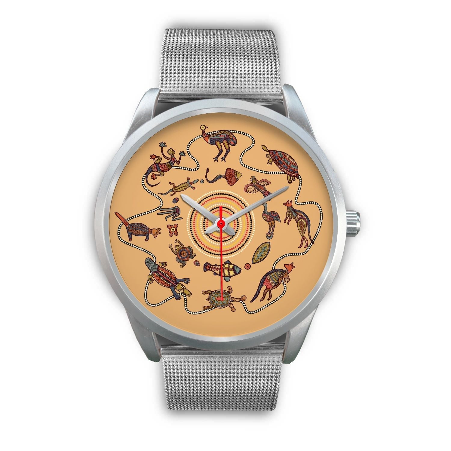 aboriginal-watch-kangaroo-patterns-circle-australian-animals-silver-watch