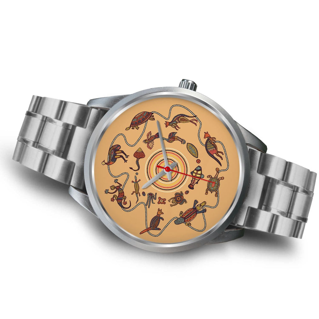 aboriginal-watch-kangaroo-patterns-circle-australian-animals-silver-watch