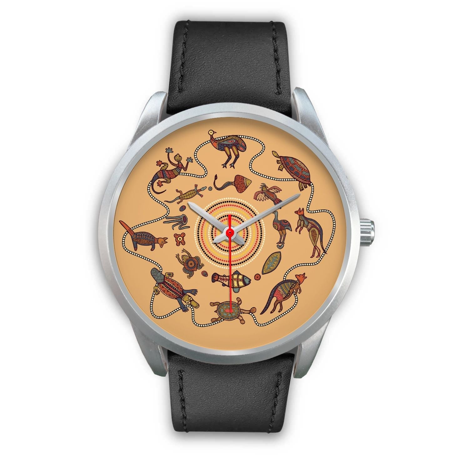 aboriginal-watch-kangaroo-patterns-circle-australian-animals-silver-watch
