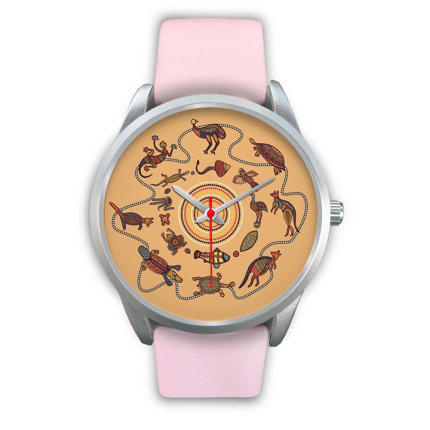 aboriginal-watch-kangaroo-patterns-circle-australian-animals-silver-watch