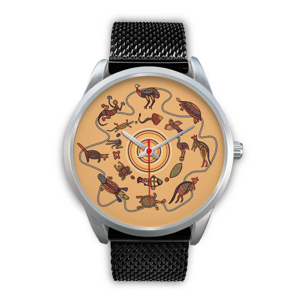 aboriginal-watch-kangaroo-patterns-circle-australian-animals-silver-watch