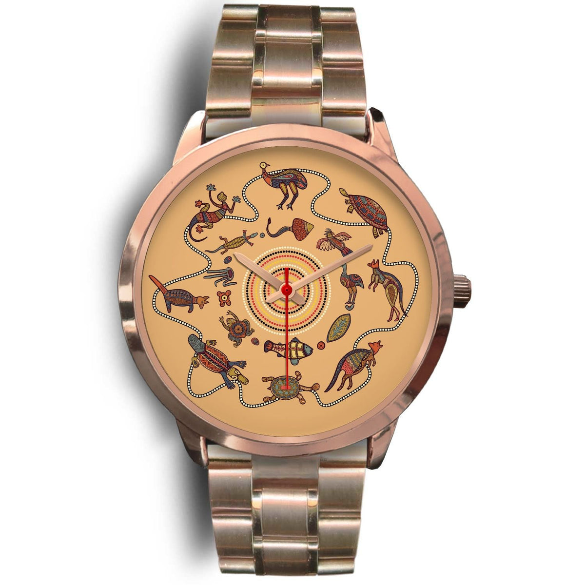 aboriginal-watch-kangaroo-patterns-circle-australian-animals-rose-gold-watch