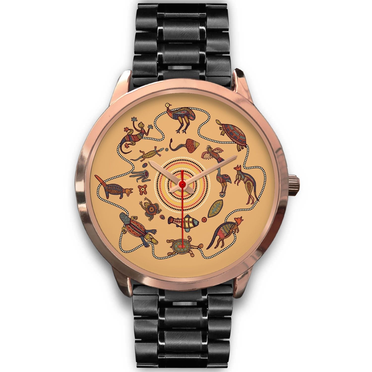 aboriginal-watch-kangaroo-patterns-circle-australian-animals-rose-gold-watch