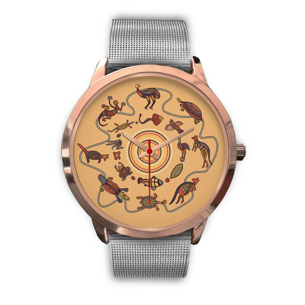 aboriginal-watch-kangaroo-patterns-circle-australian-animals-rose-gold-watch