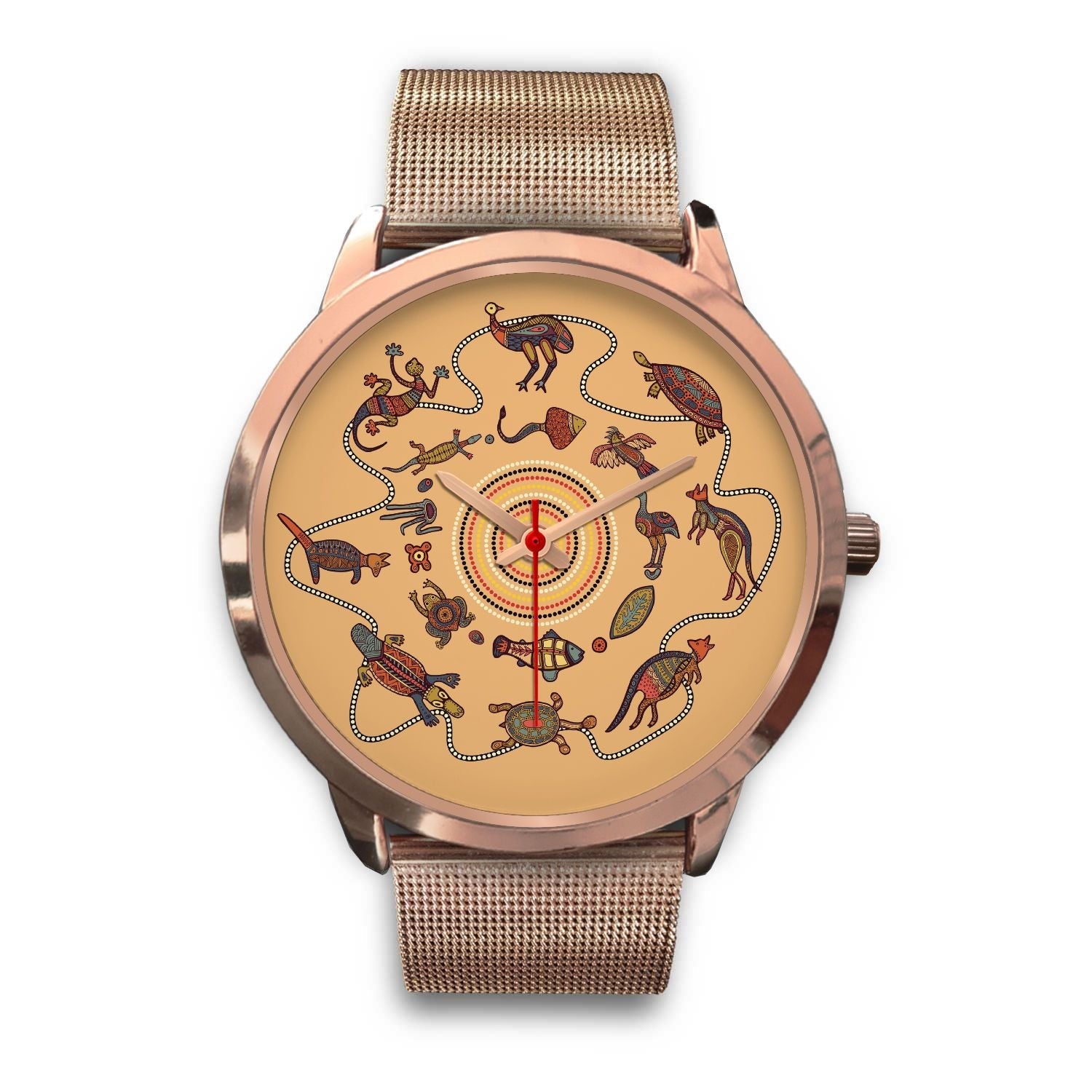 aboriginal-watch-kangaroo-patterns-circle-australian-animals-rose-gold-watch