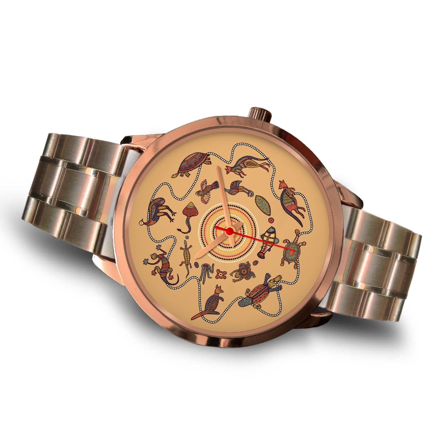 aboriginal-watch-kangaroo-patterns-circle-australian-animals-rose-gold-watch