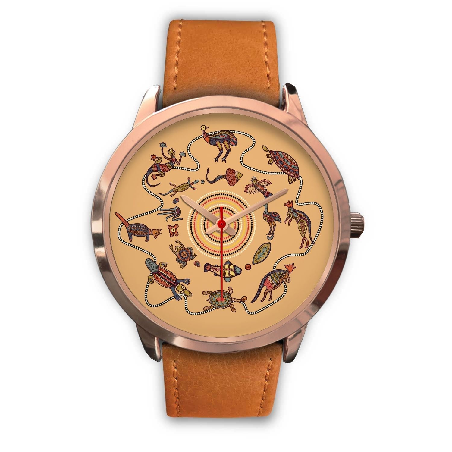 aboriginal-watch-kangaroo-patterns-circle-australian-animals-rose-gold-watch