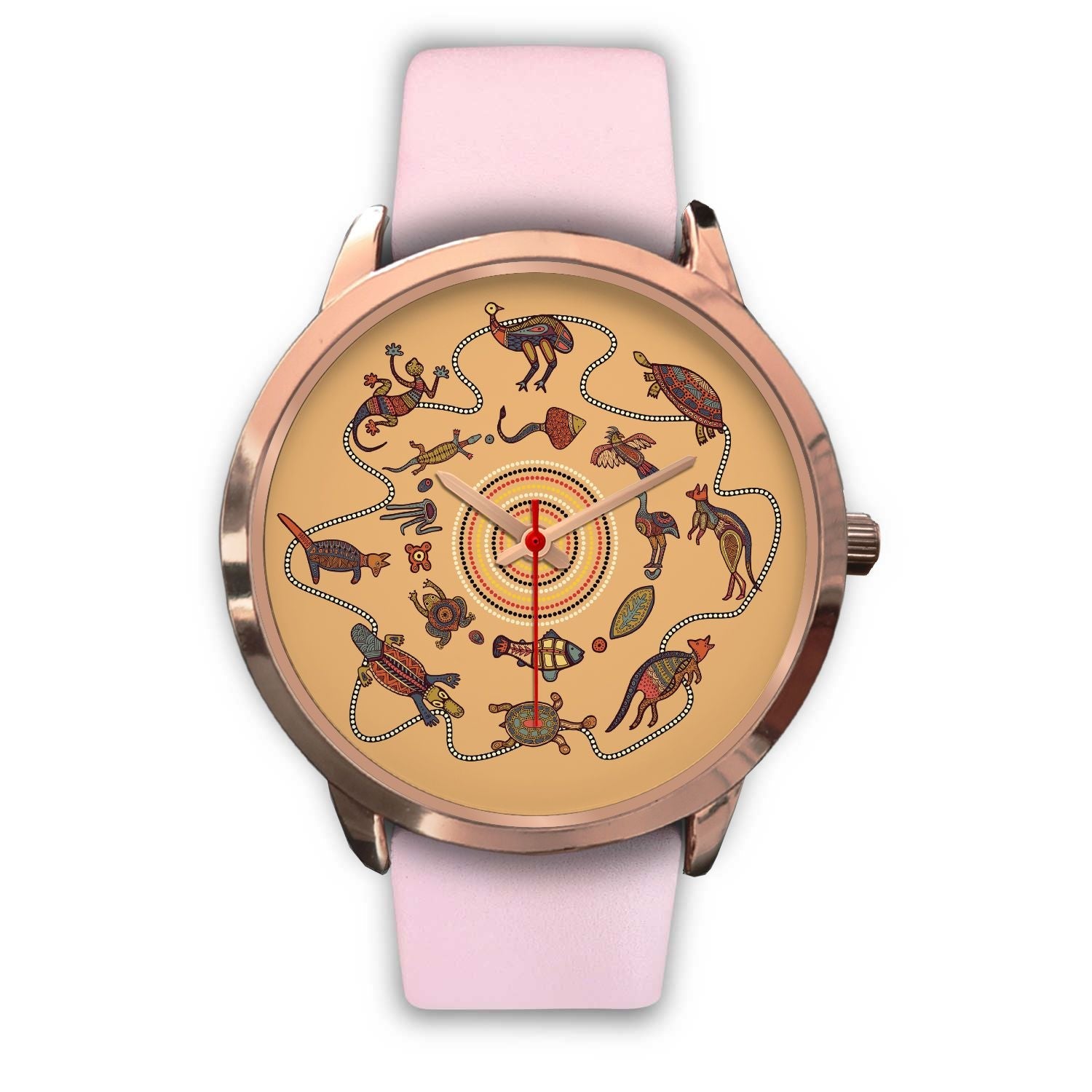 aboriginal-watch-kangaroo-patterns-circle-australian-animals-rose-gold-watch
