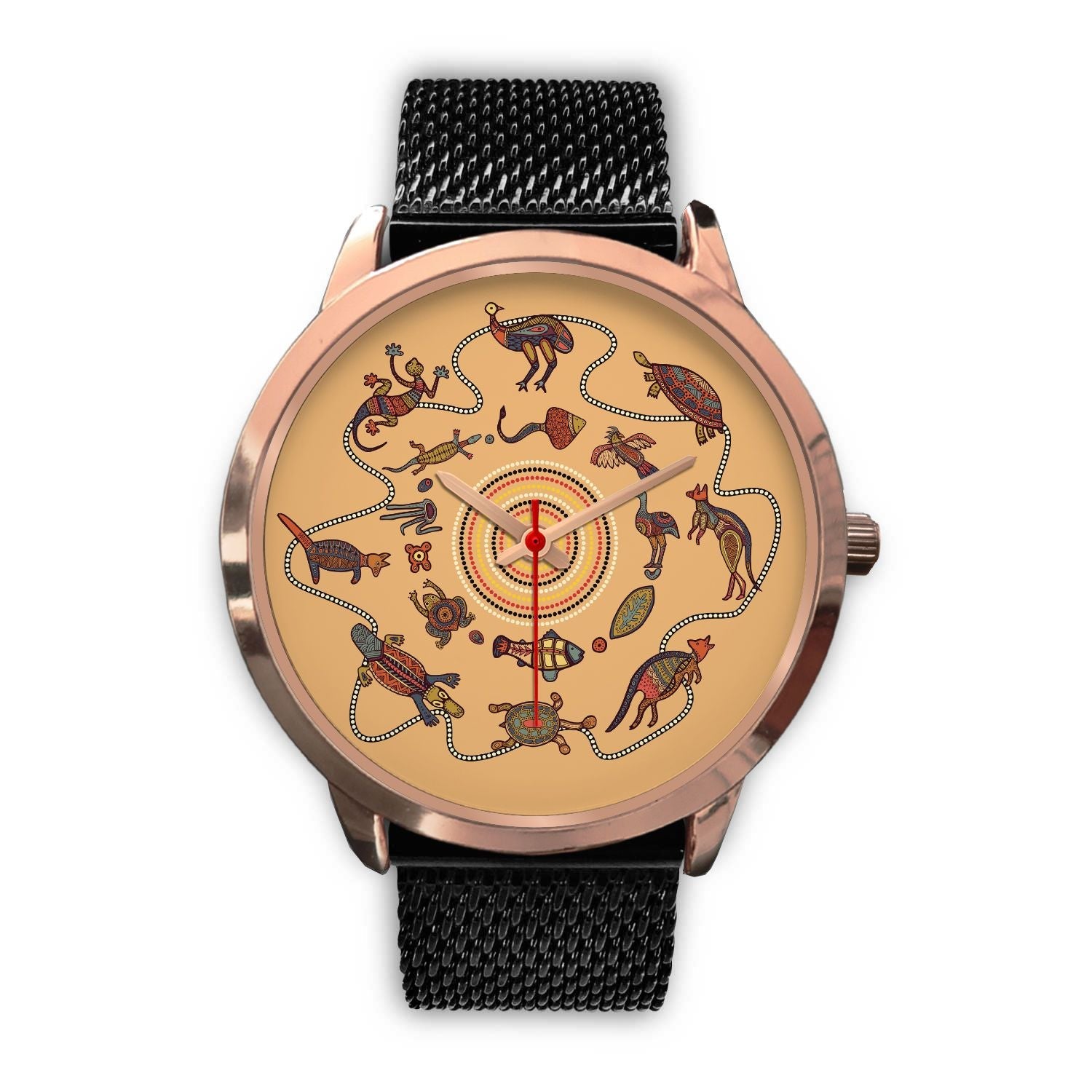 aboriginal-watch-kangaroo-patterns-circle-australian-animals-rose-gold-watch