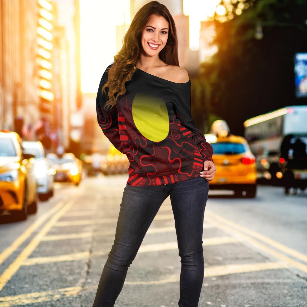 Aboriginal Women's Off Shoulder Sweater  - Indigenous Flag Grunge Style - Vibe Hoodie