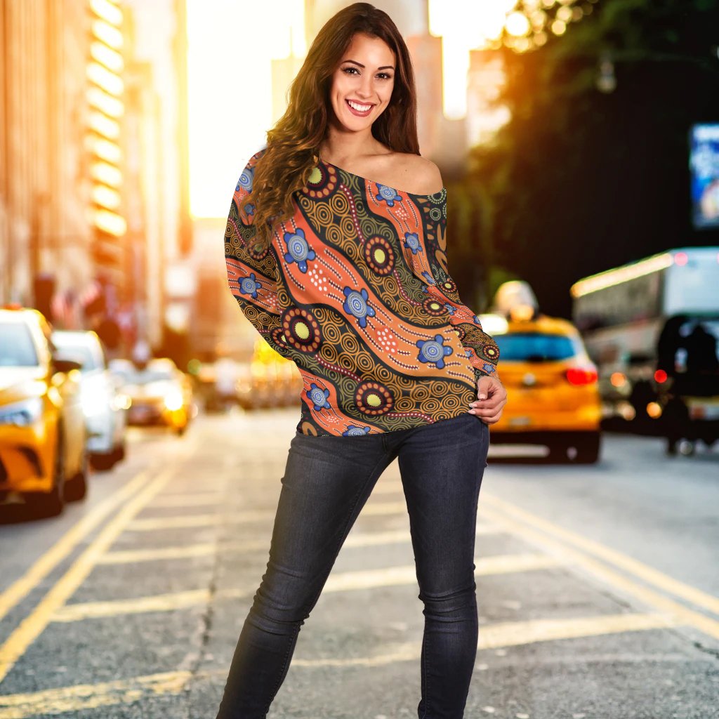 Off Shoulder Sweater - Aboriginal Dot Unique Style Turtle - Vibe Hoodie