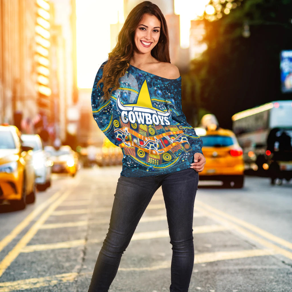 NAIDOC Week Cowboys Women's Off Shoulder Sweater - Aboriginal Dot Painting - LT12 - Vibe Hoodie