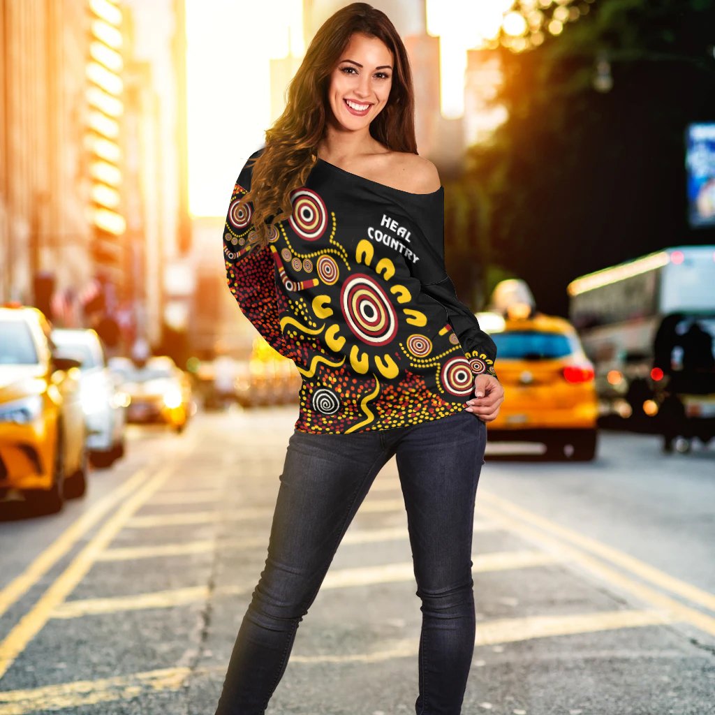 Australia Naidoc Week Women's Off Shoulder Sweater - Naidoc Week 2021 - Heal Country - Vibe Hoodie