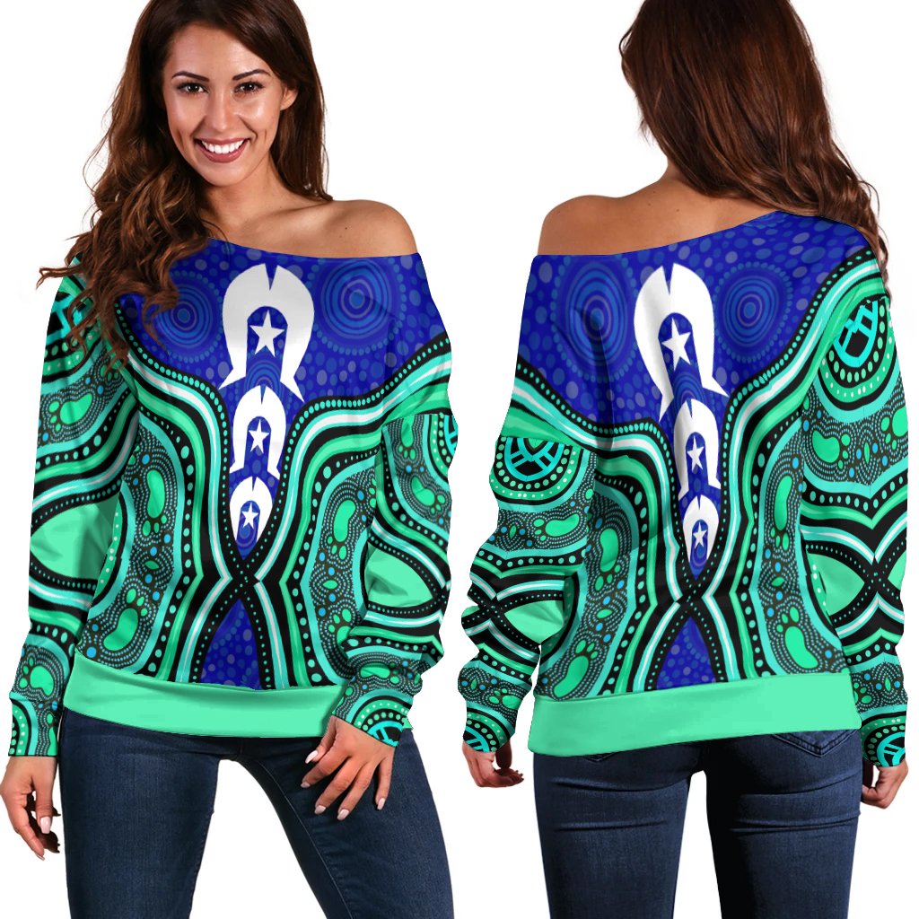 Torres Strait Women's Off Shoulder Sweater - Torres Strait Symbol And Aboriginal Patterns - Vibe Hoodie