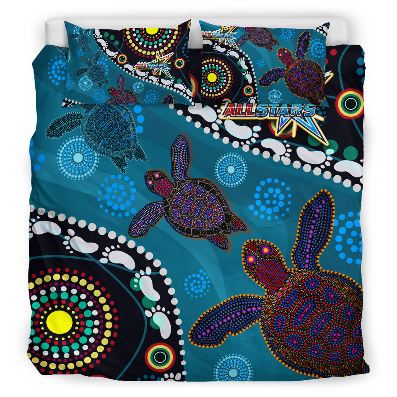 indigenous-all-stars-rugby-custom-bedding-set-dreamtime-turtle-with-aboriginal-and-torres-strait-islanders-flag