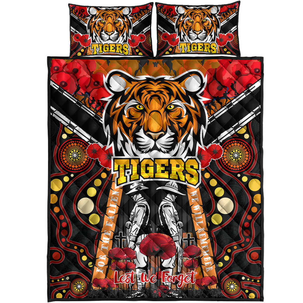 tigers-rugby-anzac-day-watercolour-quilt-bed-set-custom-remembrance-west-tigers-with-poppy-flower