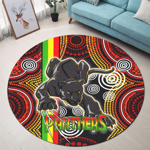 panthers-rugby-round-rug-black-panther-with-aboriginal-contemporary-dot-painting-pattern-round-rug