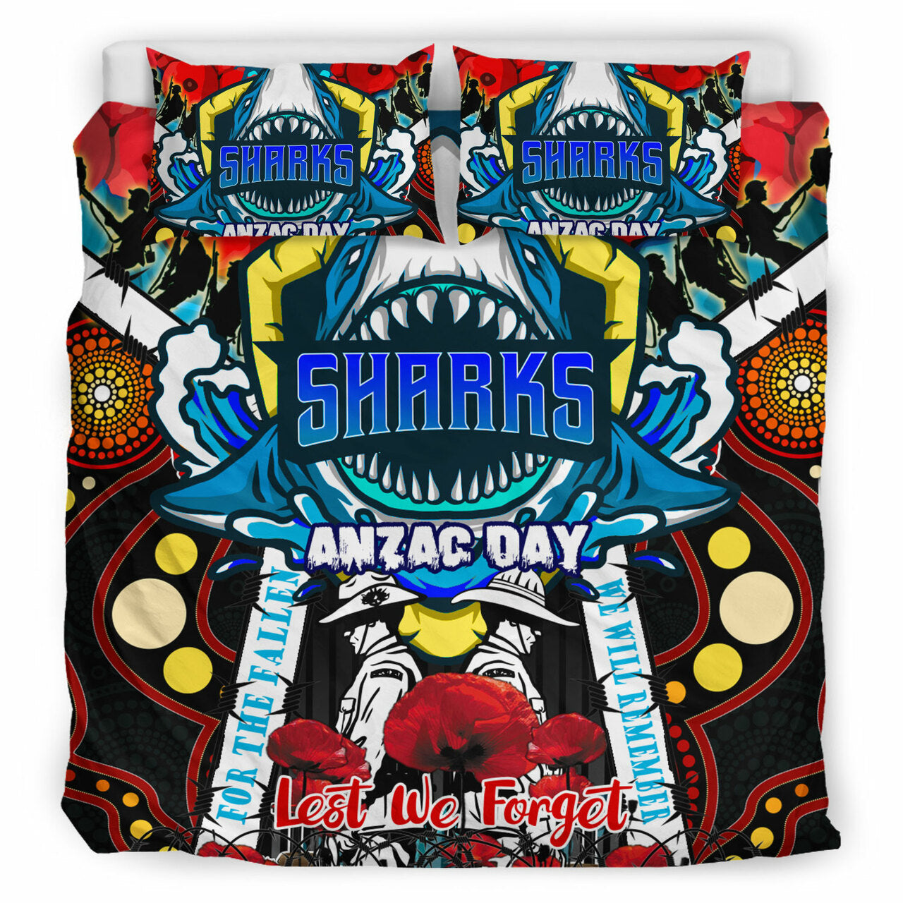 sharks-rugby-anzac-day-watercolour-custom-bedding-set-remembrance-cronulla-sutherland-sharks-with-poppy-flower