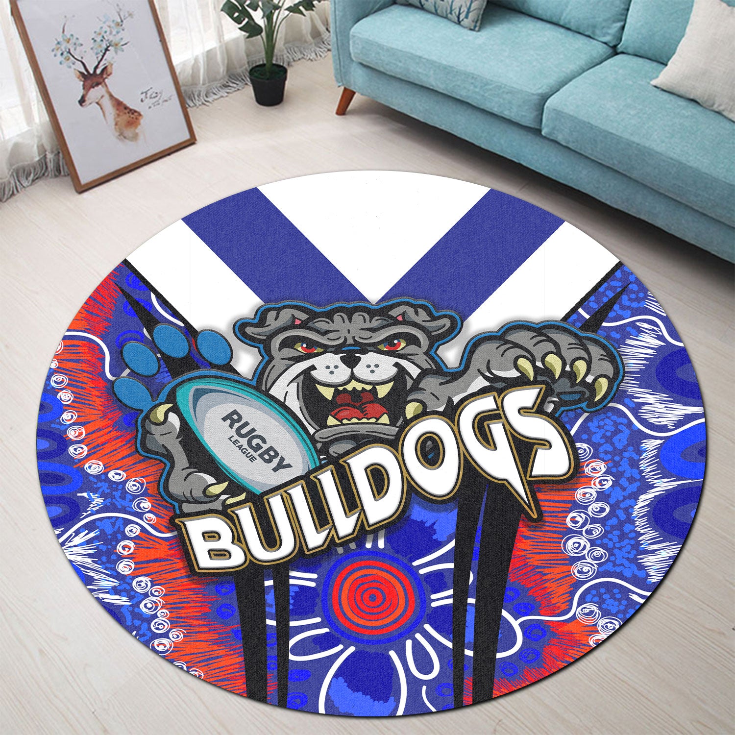 bulldogs-rugby-round-rug-bulldogs-rugby-ball-with-contemporary-style-of-aboriginal-painting-round-rug