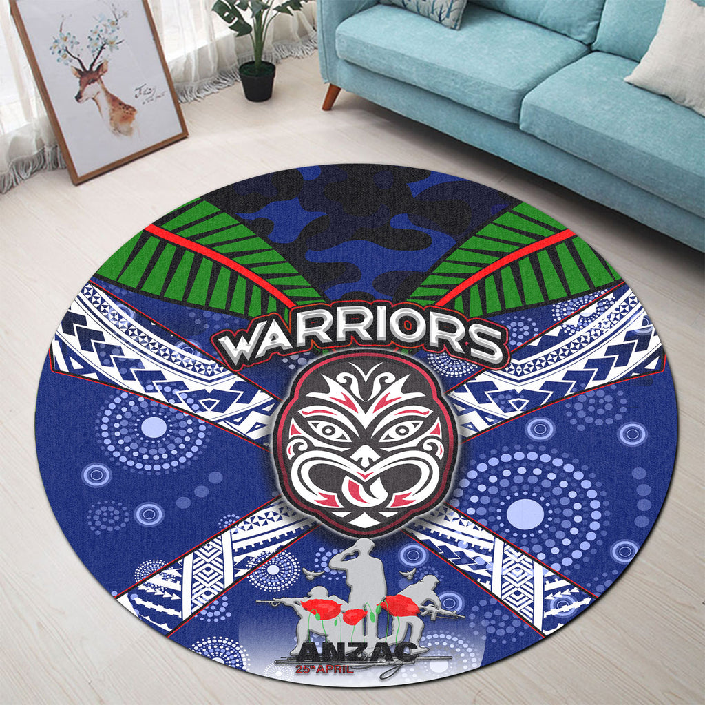 warriors-rugby-round-rug-aboriginal-dot-art-anzac-day-warriors-with-poppy-flower-patterns-round-rug