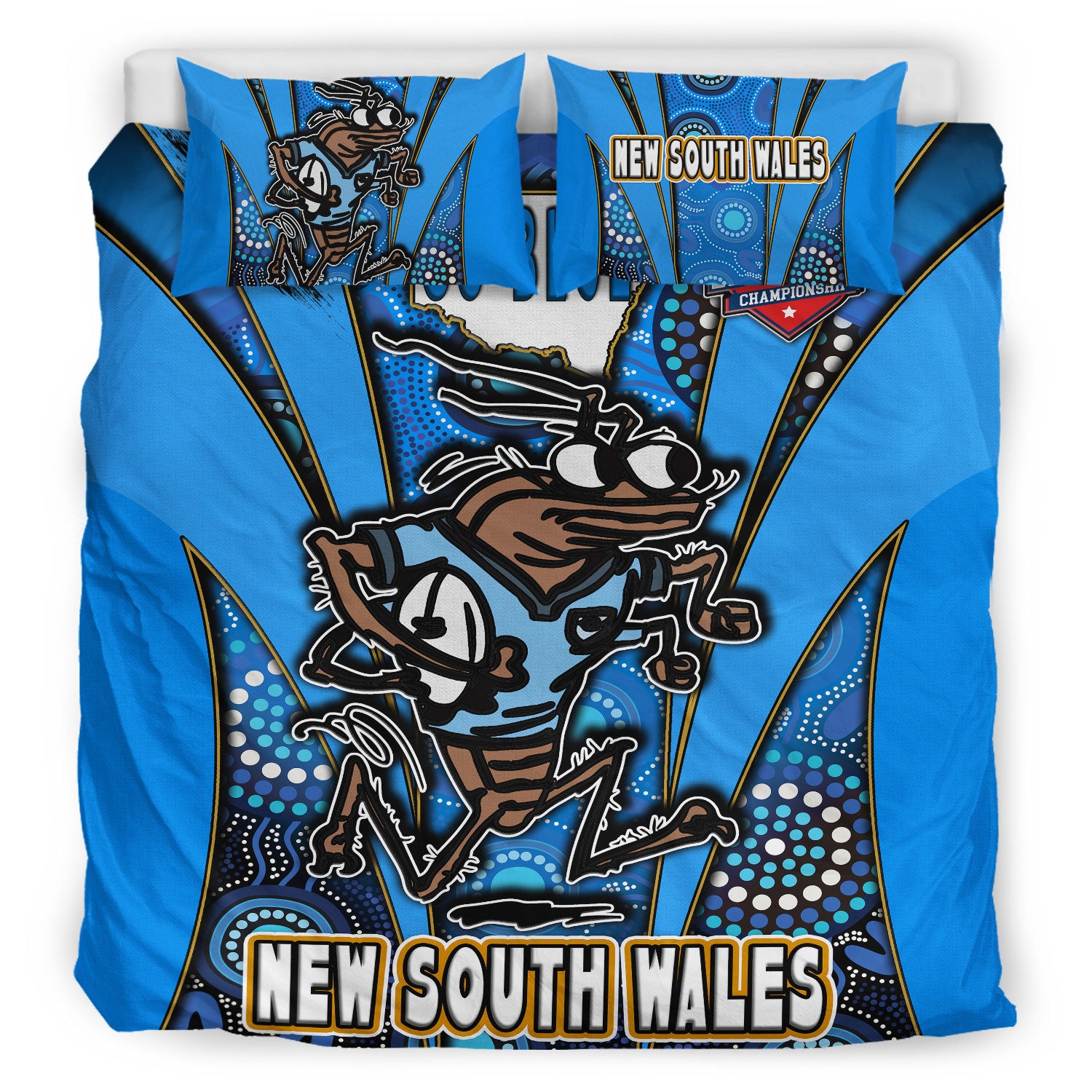 new-south-wales-rugby-league-team-bedding-set-new-south-wales-blues-mascot-with-aboriginal-art-state-of-origin-bedding-set