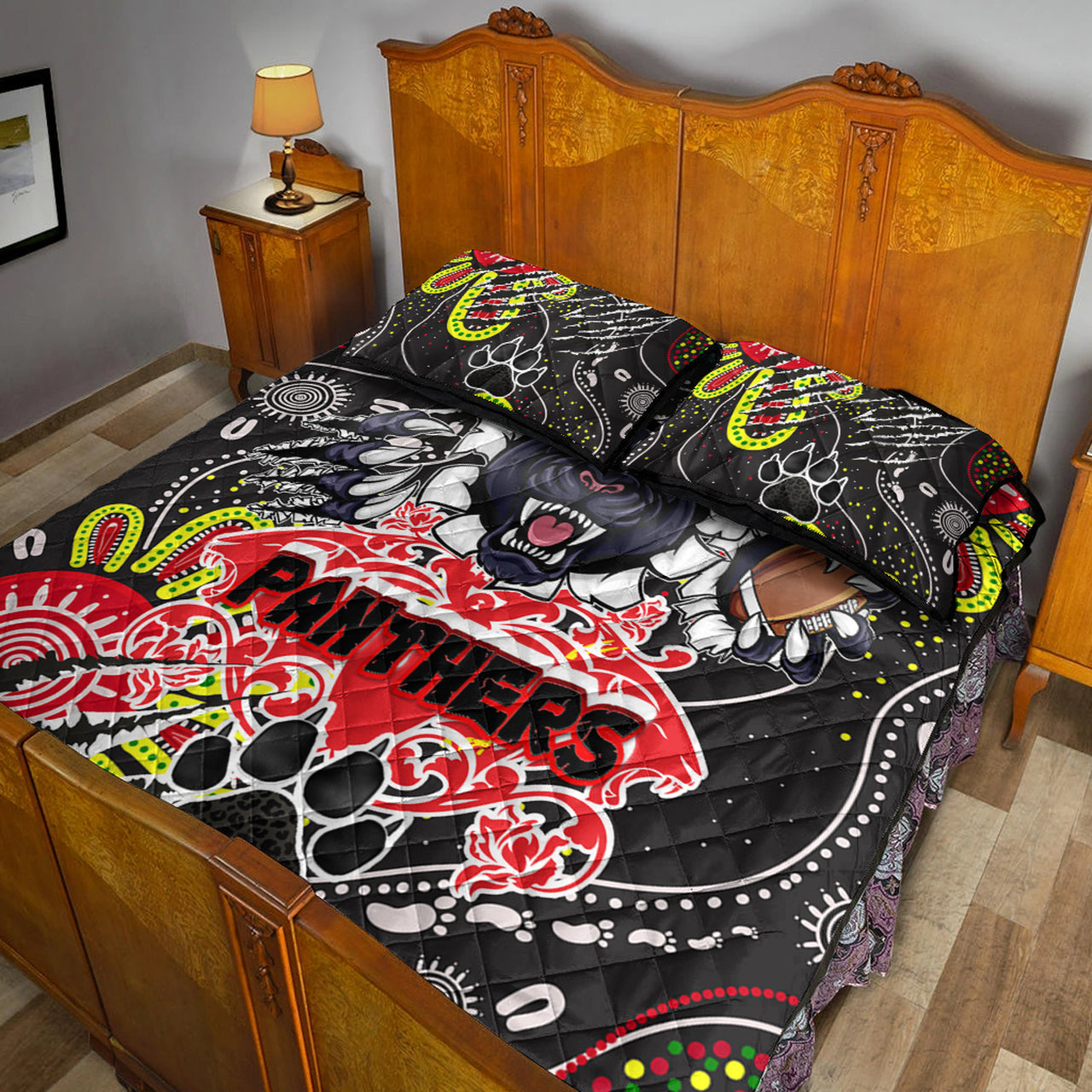 panthers-rugby-aboriginal-quilt-bed-set-indigenous-super-black-panthers-scratch-style