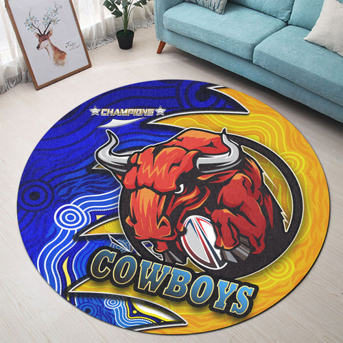 cowboys-rugby-round-rug-bull-rugby-ball-with-aboriginal-style-pattern-personalised-player-and-number-round-rug