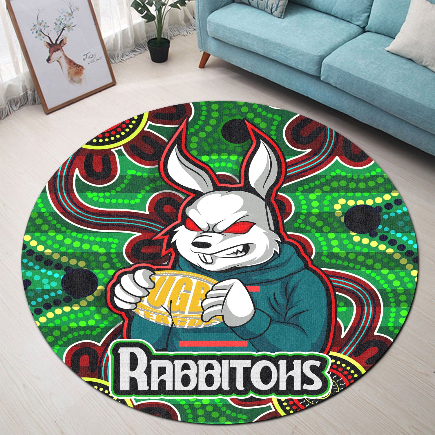 rabbitohs-rugby-round-rug-rabbitohs-with-rugby-ball-aboriginal-style-of-dot-painting-patterns-custom-round-rug
