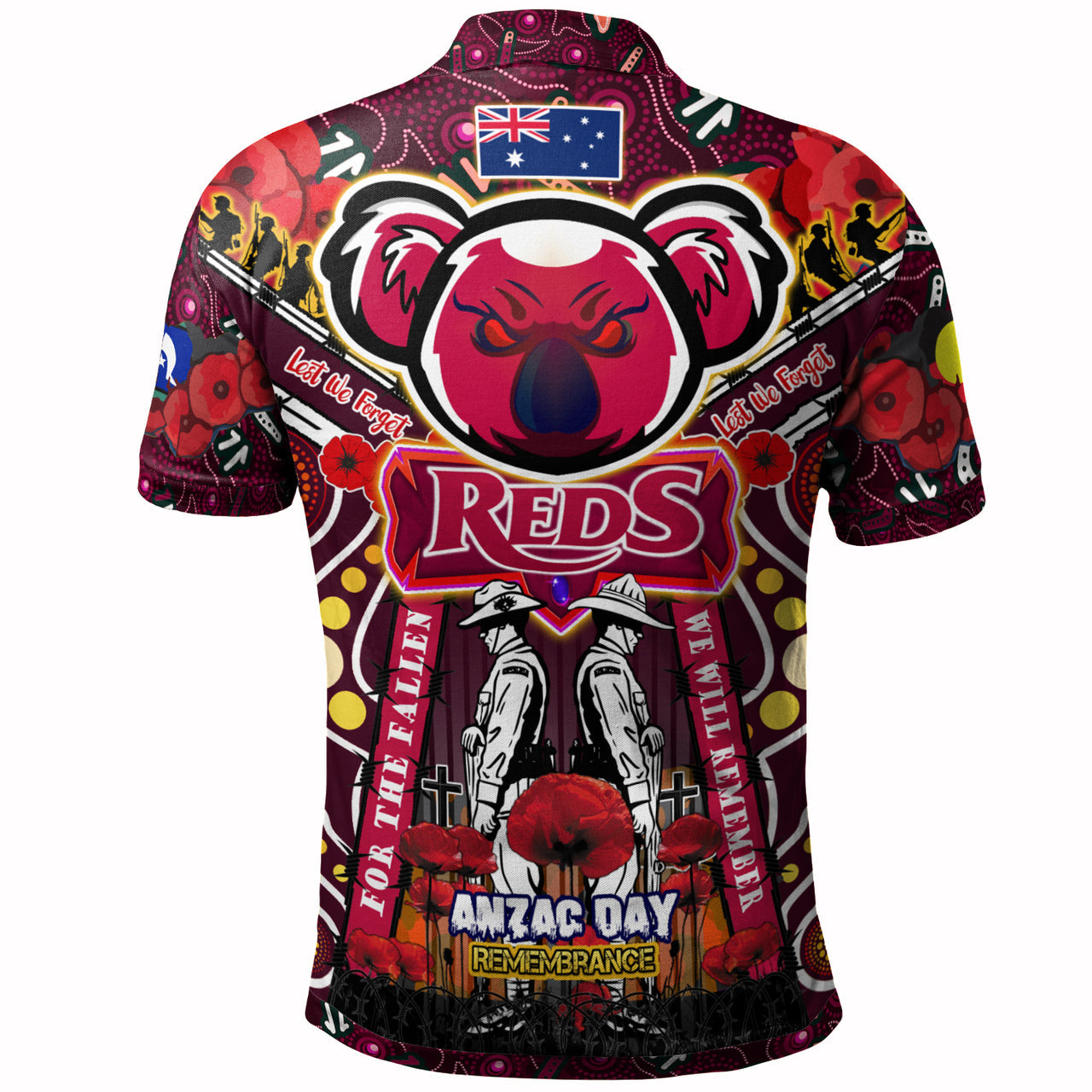 reds-rugby-anzac-aboriginal-custom-watercolour-polo-shirt-remembrance-queensland-reds-with-koala-and-poppy-flower