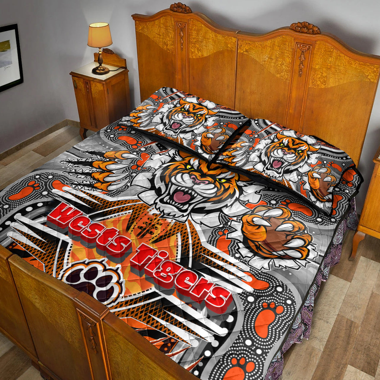 tigers-rugby-aboriginal-quilt-bed-set-custom-indigenous-super-wests-tigers-scratch-style