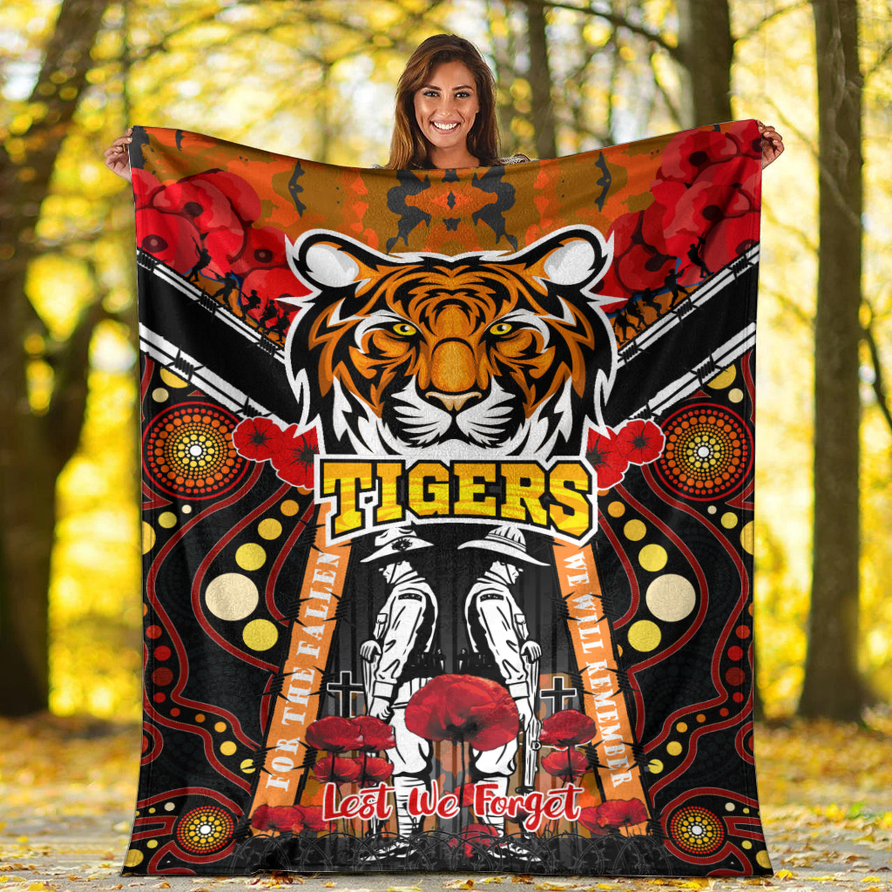 tigers-rugby-anzac-day-watercolour-blanket-custom-remembrance-west-tigers-with-poppy-flower