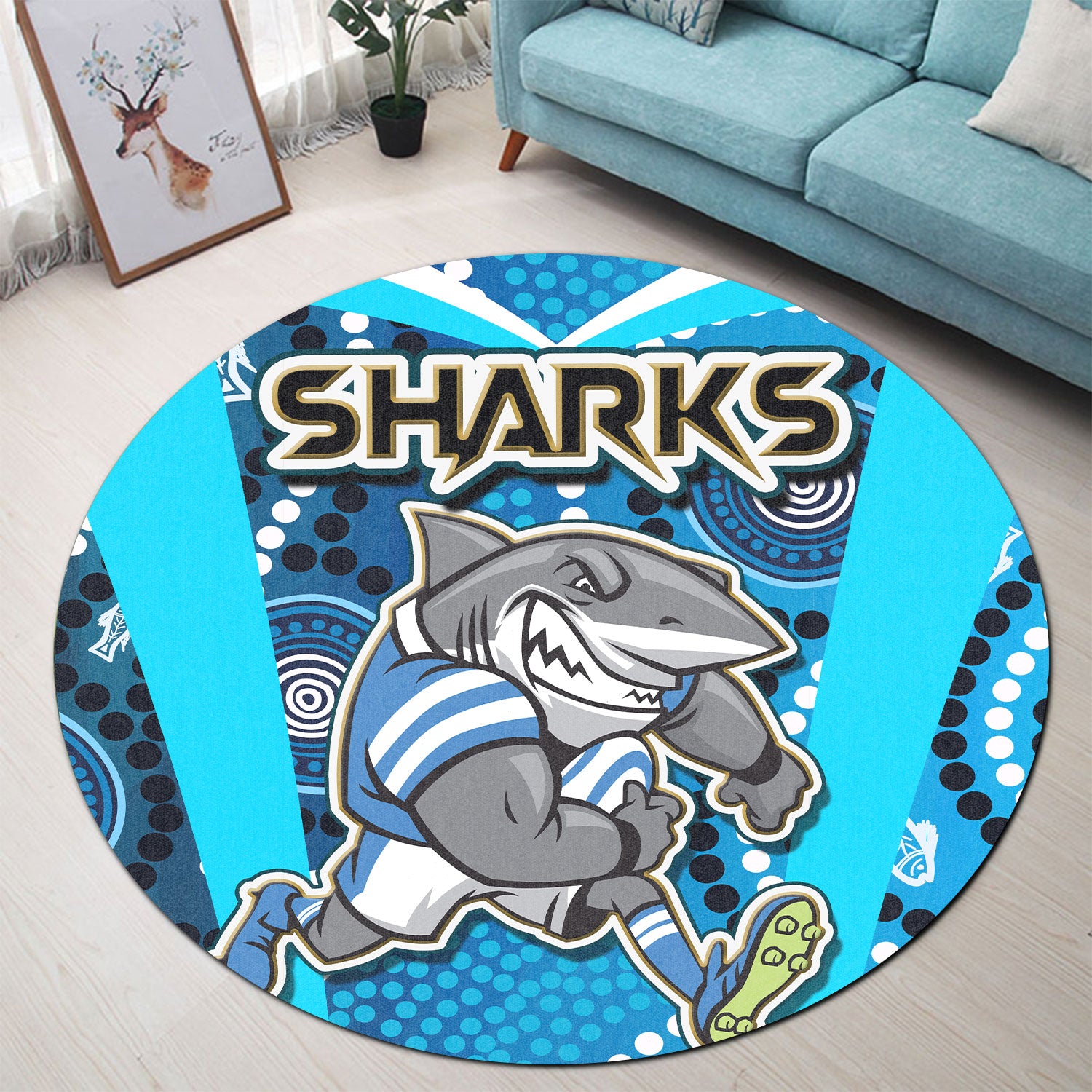 sharks-rugby-round-rug-sharks-with-rugby-ball-and-aboriginal-dot-design-blue-background-round-rug