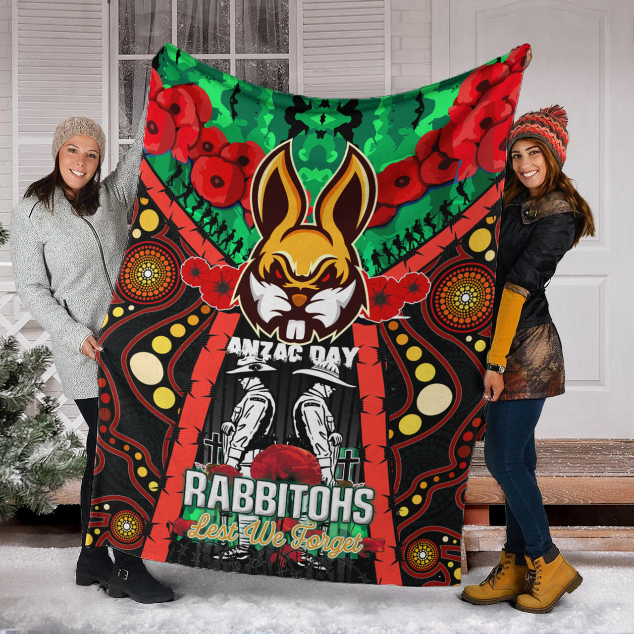 rabbitohs-rugby-aboriginal-anzac-day-custom-watercolour-blanket-remembrance-indigenous-rabbitohs-with-poppy-flower