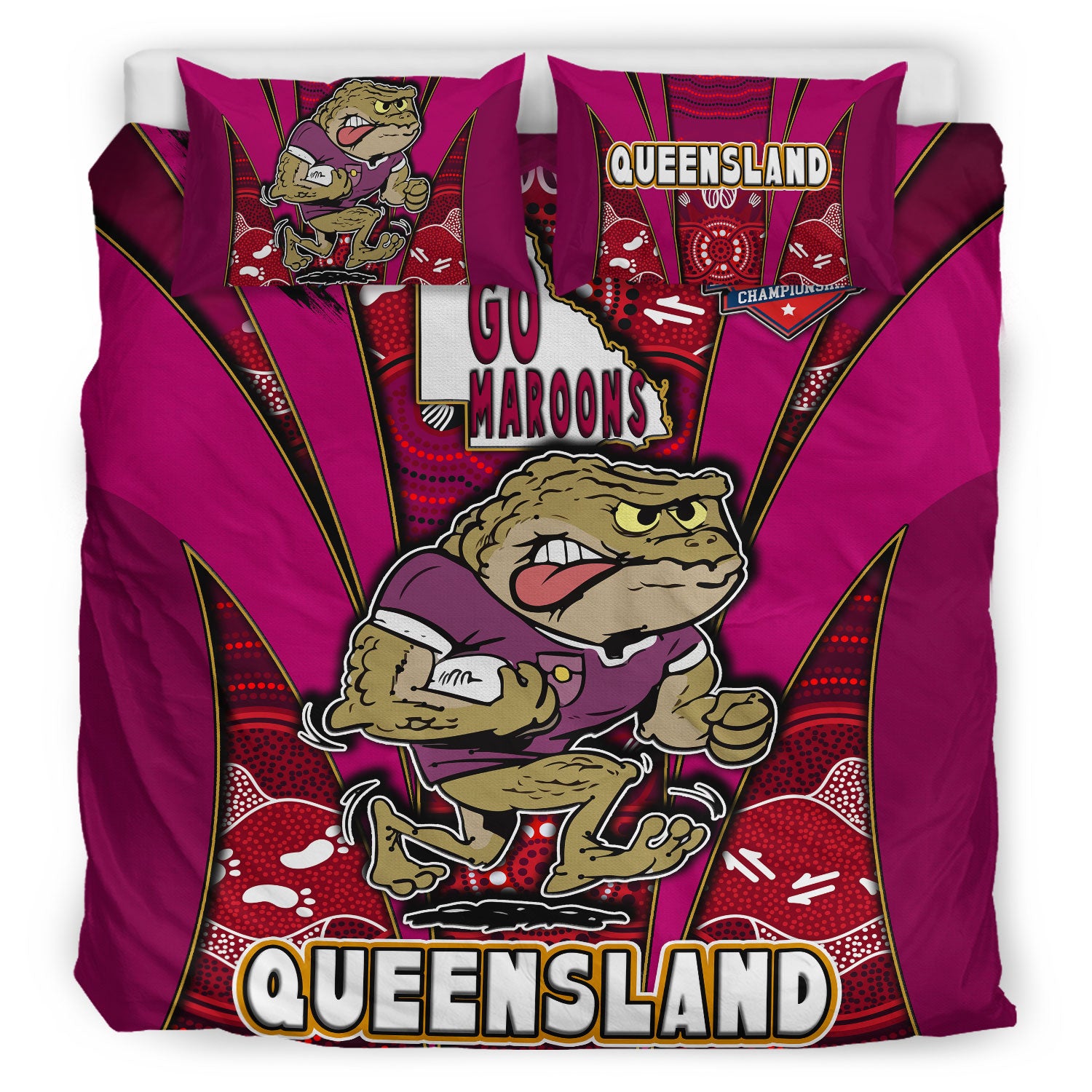 queensland-rugby-league-team-bedding-set-queensland-maroons-mascot-with-aboriginal-art-state-of-origin-bedding-set