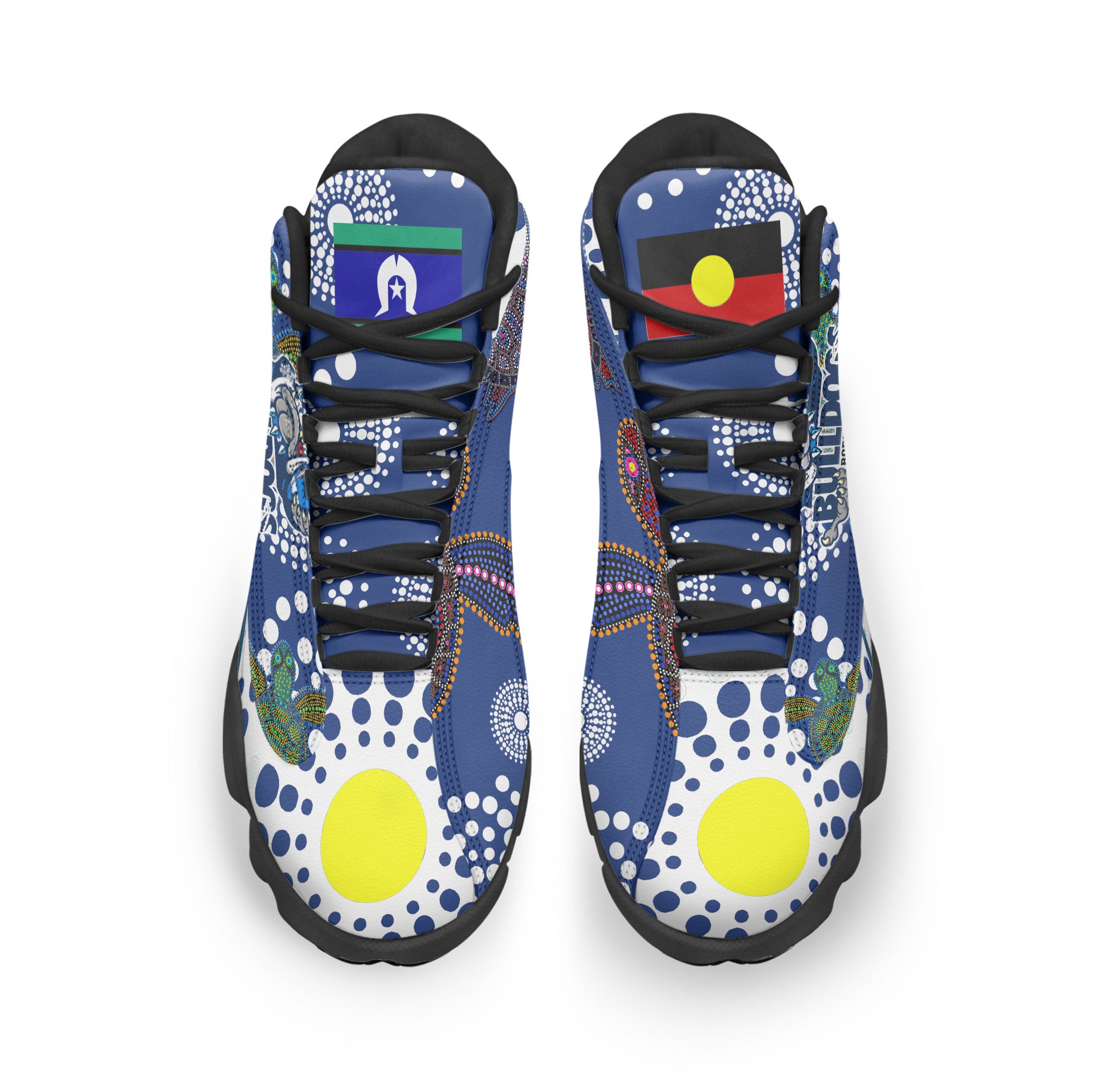 bulldogs-rugby-born-bred-high-top-basketball-shoes-j13-custom-indigenous-bulldogs-with-rugby-ball-and-aboriginal-patterns