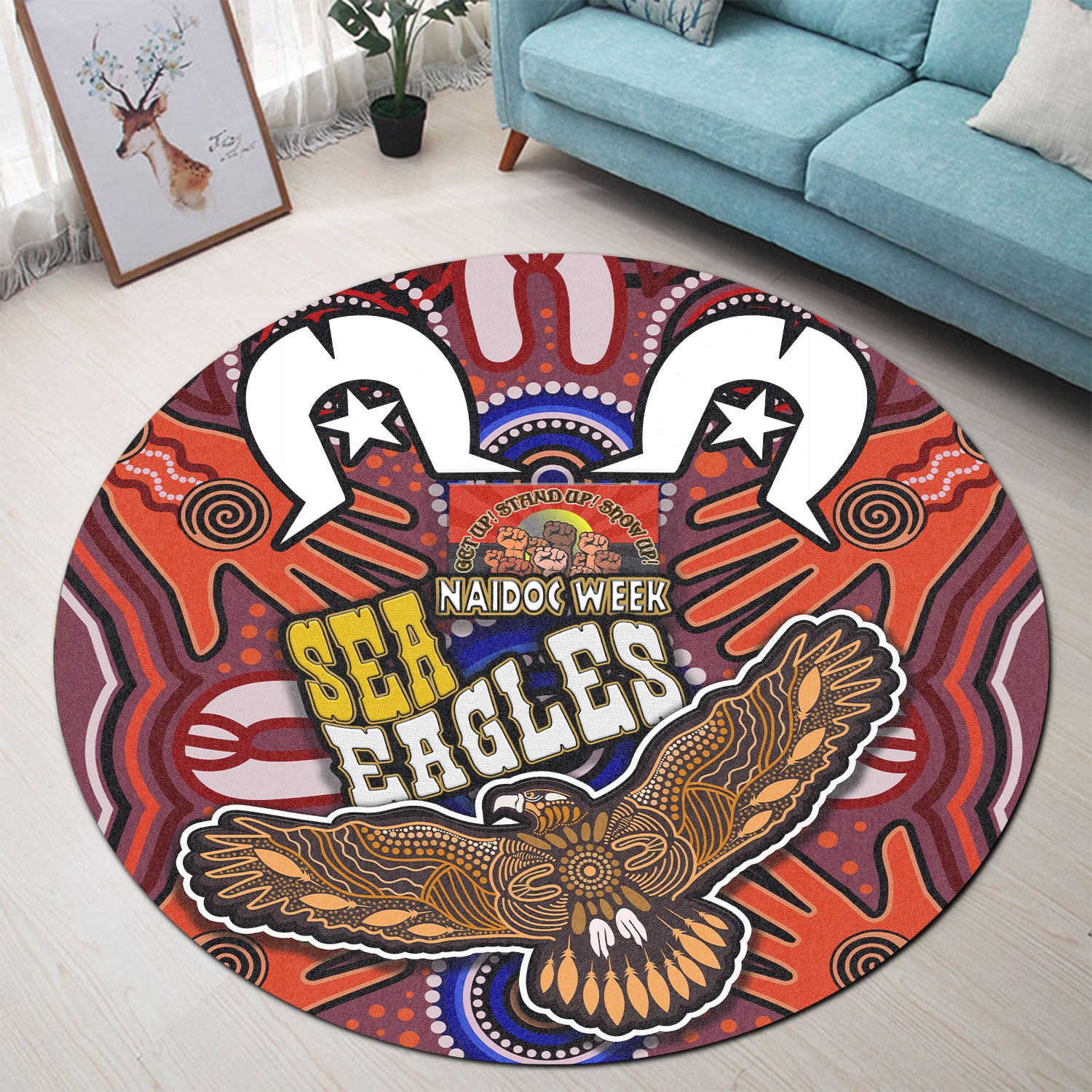 sea-eagles-rugby-round-rug-naidoc-week-eagle-aboriginal-dot-artwork-get-up-stand-up-show-up-aboriginal-culture-round-rug