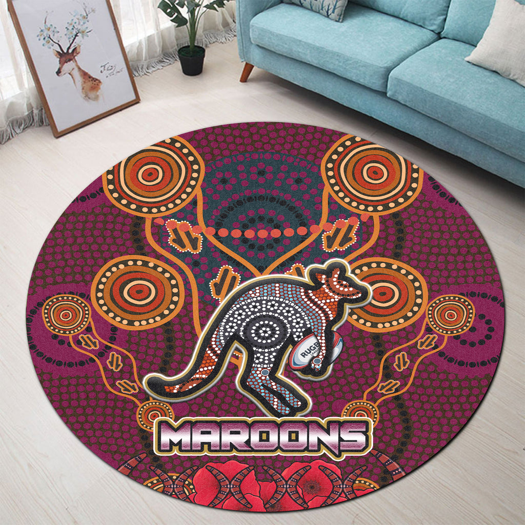 maroons-rugby-round-rug-aboriginal-anzac-day-kangaru-with-poppy-flower-patterns-round-rug