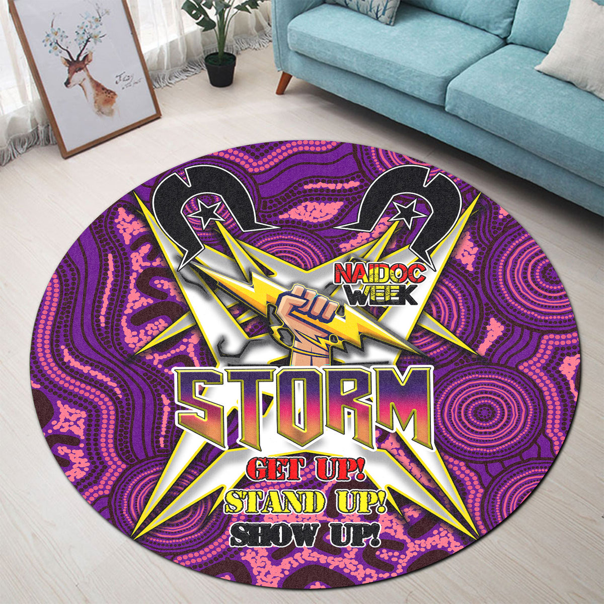 storm-rugby-round-rug-naidoc-week-storm-hand-thunder-with-aboriginal-pattern-get-up-stand-up-show-up-round-rug