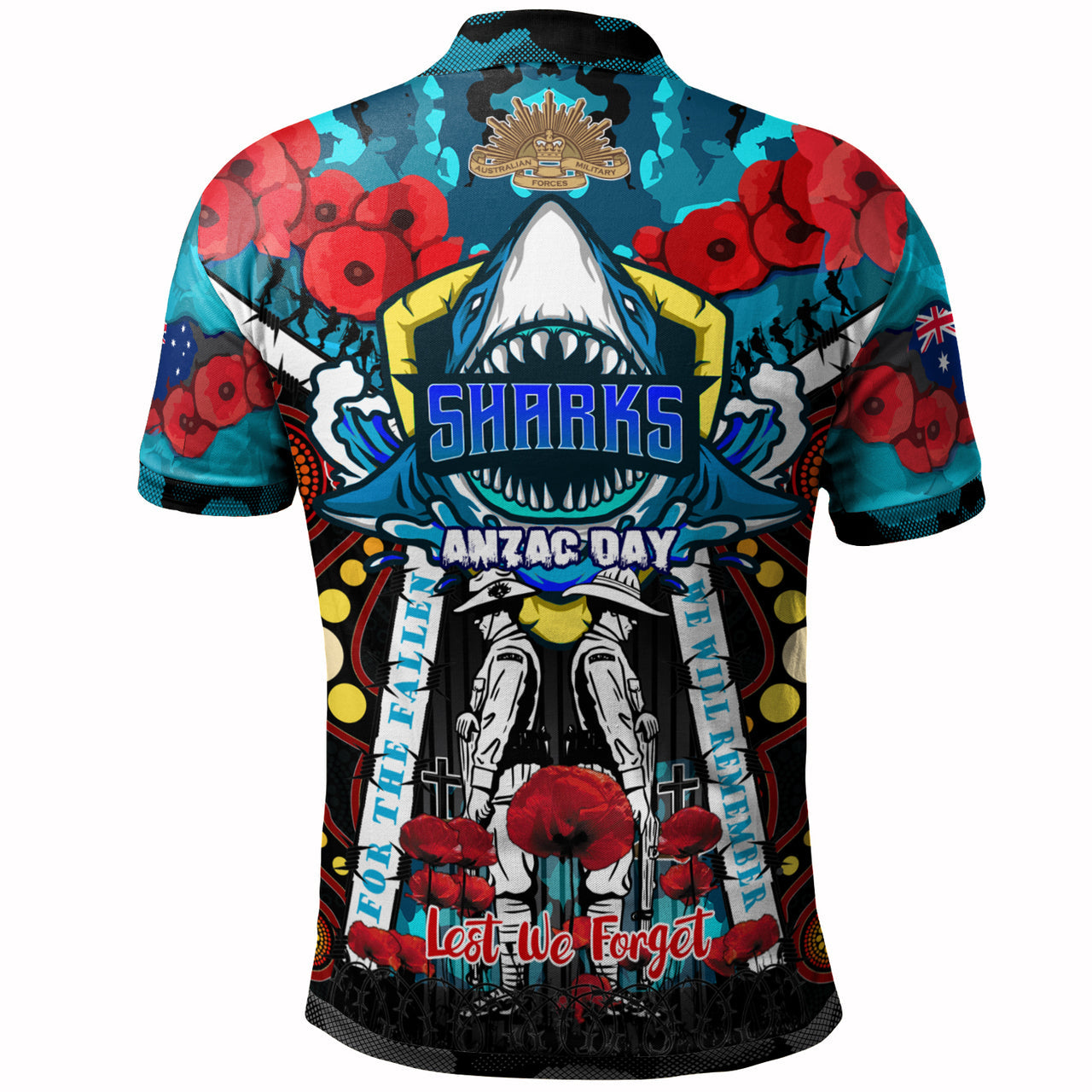 sharks-rugby-anzac-day-watercolour-custom-polo-shirt-remembrance-cronulla-sutherland-sharks-with-poppy-flower