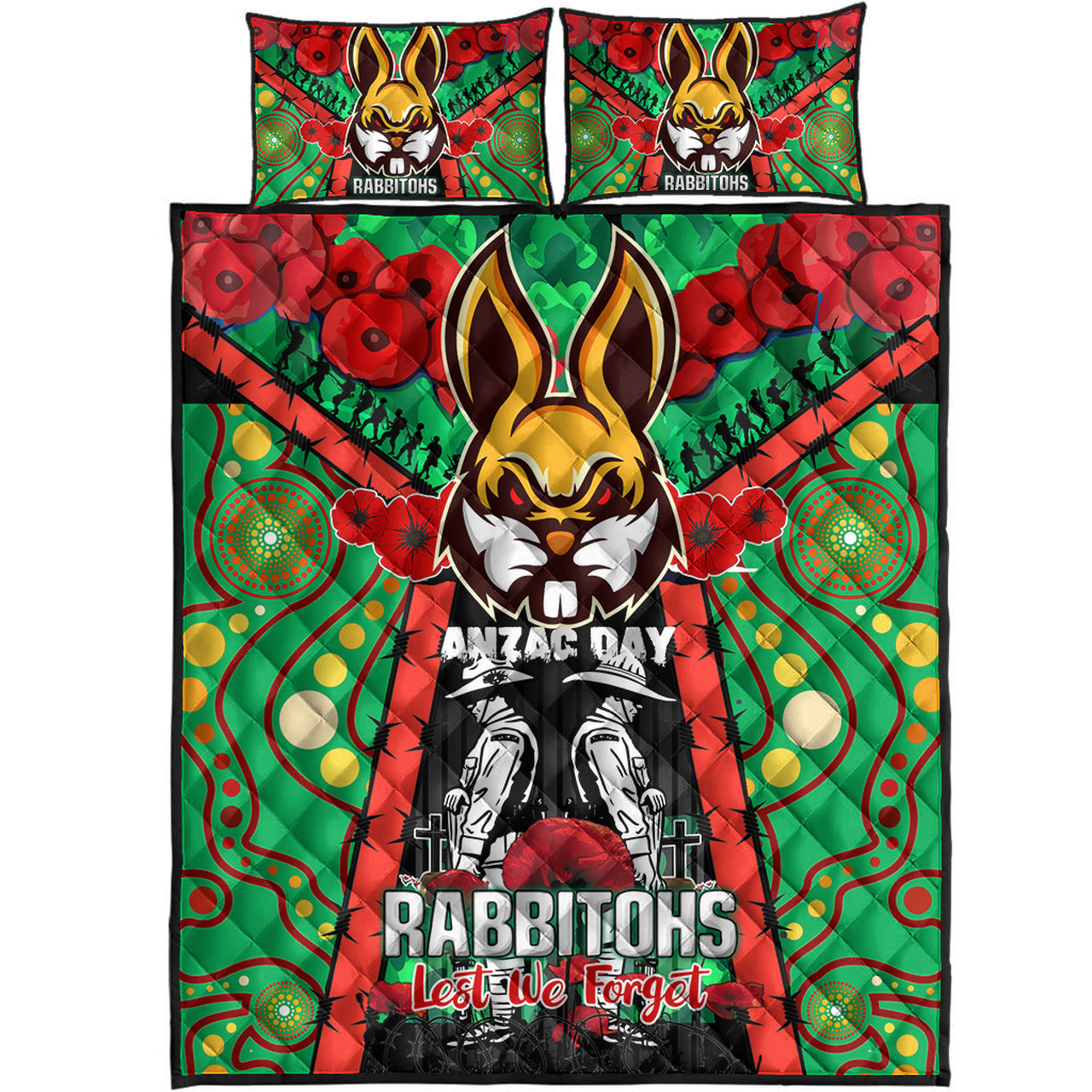 rabbitohs-rugby-aboriginal-anzac-day-custom-watercolour-quilt-bed-set-remembrance-indigenous-rabbitohs-with-poppy-flower