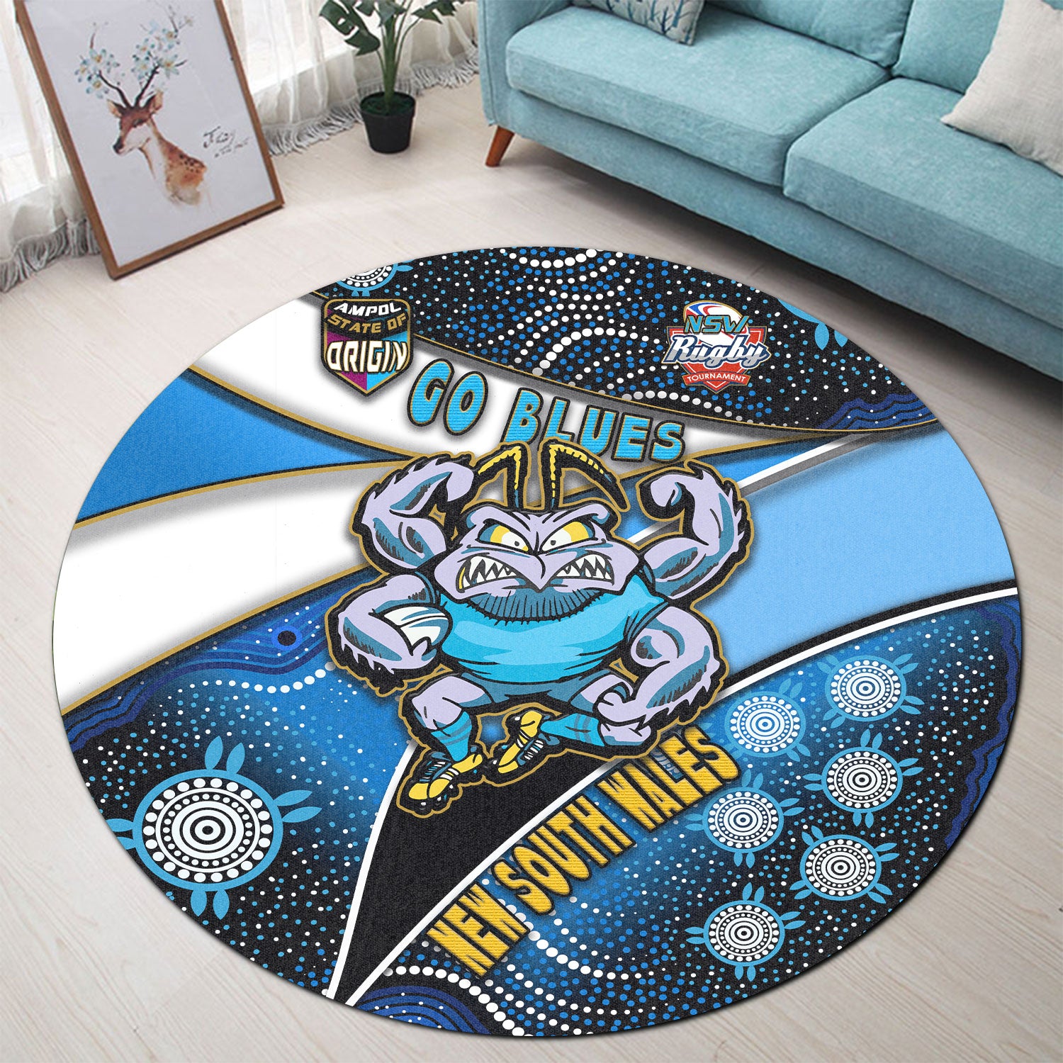 new-south-wales-rugby-league-team-round-rug-new-south-wales-blues-with-aboriginal-patterns-state-of-origin-round-rug