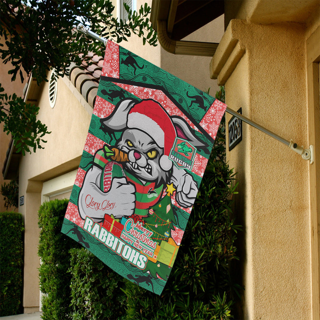rabbitohs-christmas-rugby-custom-flag-merry-christmas-super-rabbitohs-with-rugby-ball-and-aboriginal-patterns-flag