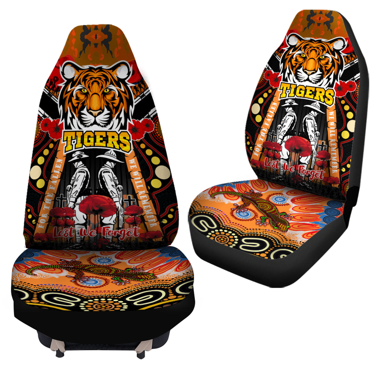 tigers-rugby-anzac-day-watercolour-car-seat-cover-custom-remembrance-west-tigers-with-poppy-flower
