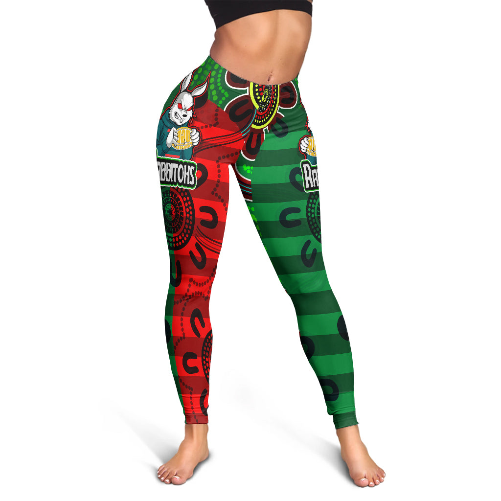 rabbitohs-rugby-leggings-rabbitohs-with-rugby-ball-aboriginal-style-of-dot-painting-patterns-leggings