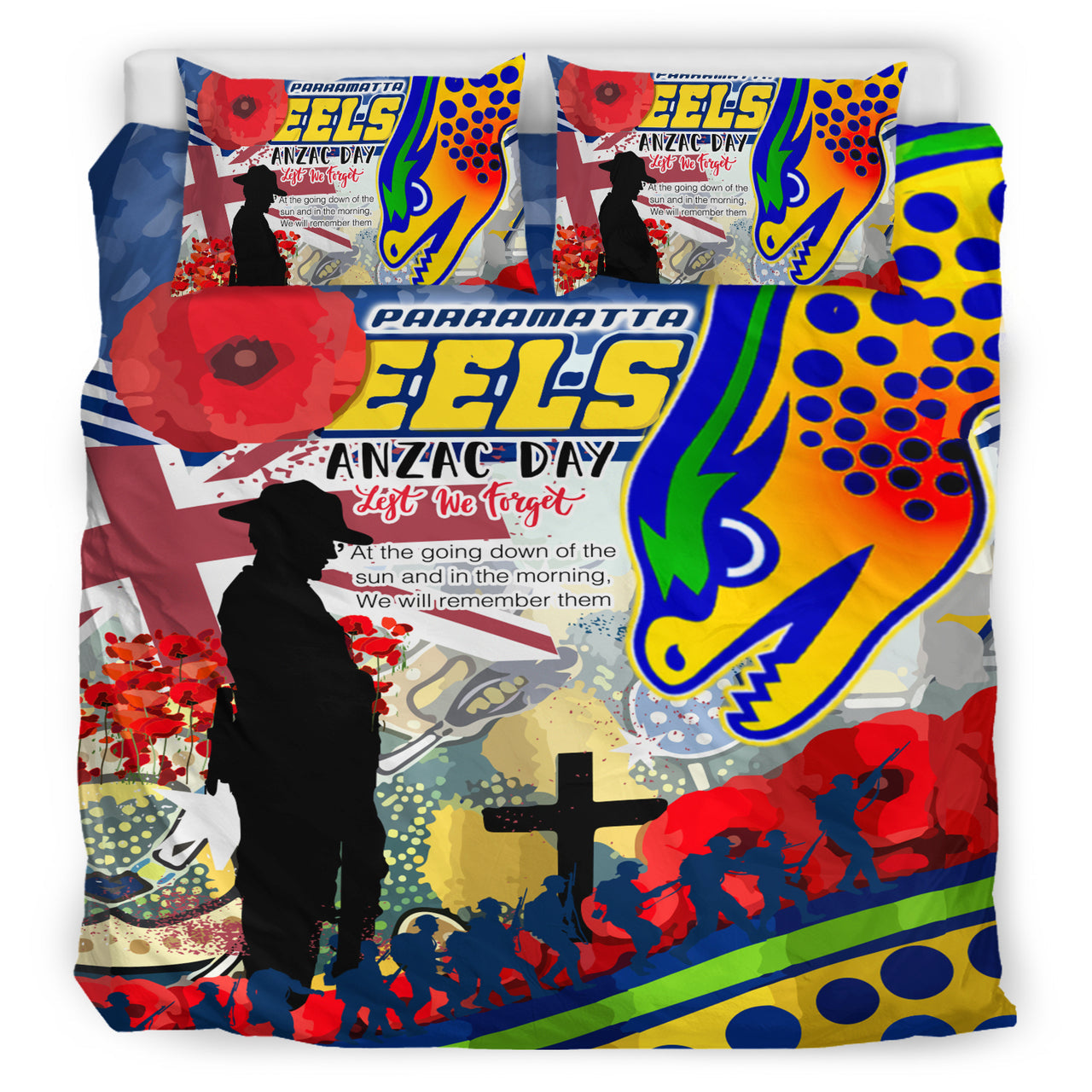 eels-rugby-australia-anzac-day-lest-we-forget-custom-bedding-set-remembrance-eels-with-anzac-poppy-watercolour-style