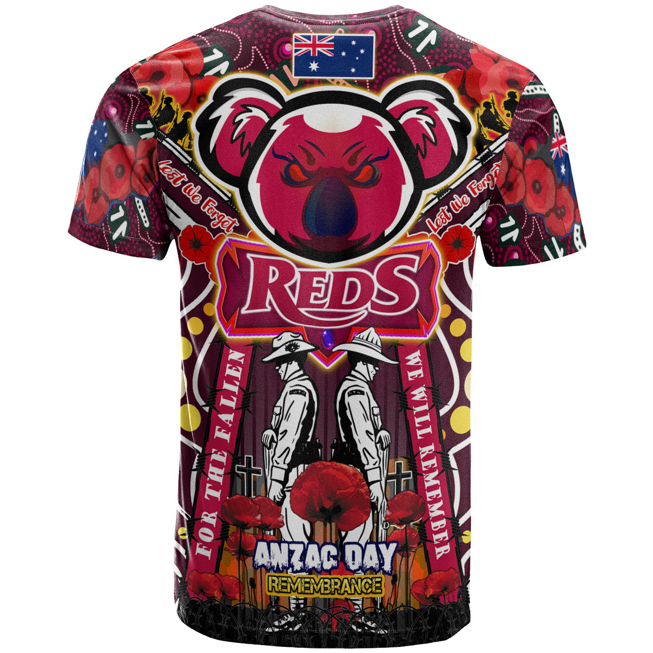 reds-rugby-anzac-aboriginal-custom-watercolour-t-shirt-remembrance-queensland-reds-with-koala-and-poppy-flower