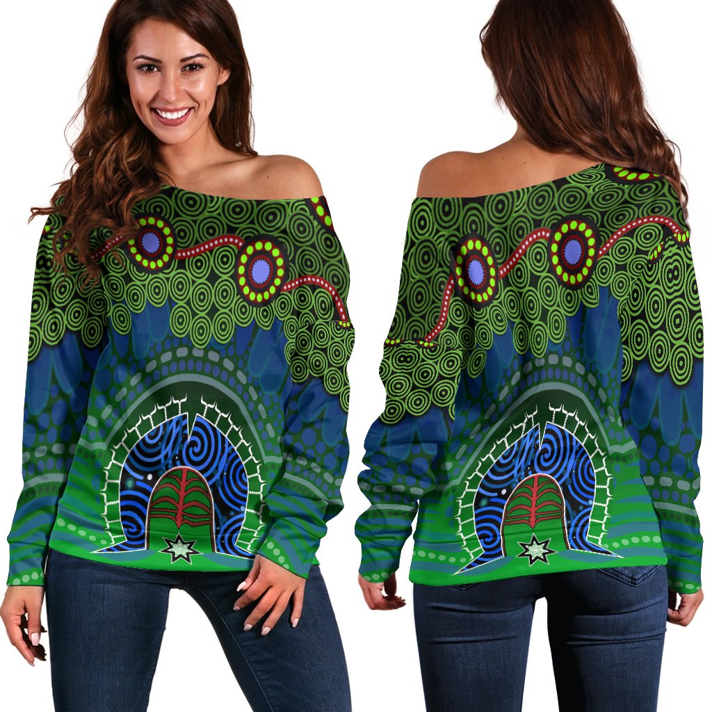Torres Strait Women's Off Shoulder Sweater - Dhari And Dot Patterns - Vibe Hoodie