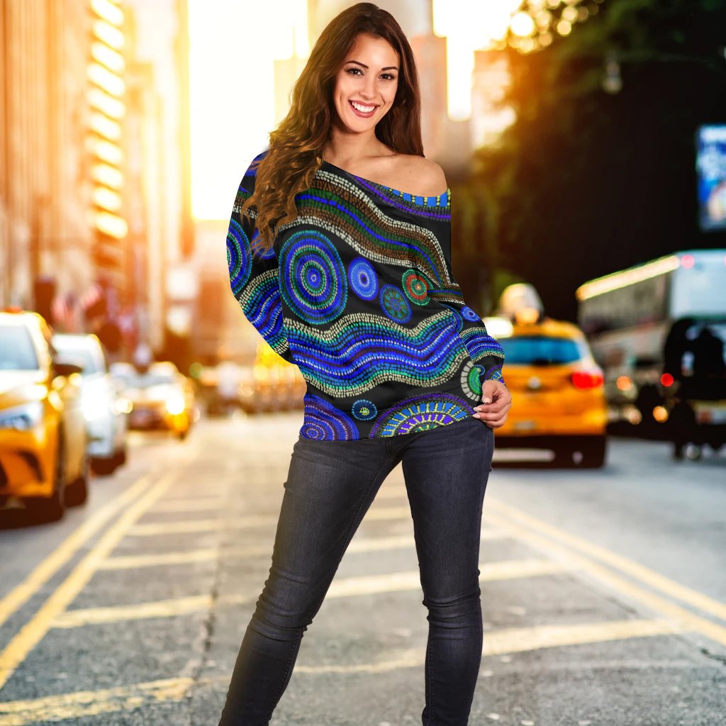 Off Shoulder Sweater - Aboriginal Dot Unique Style Blue - Vibe Hoodie